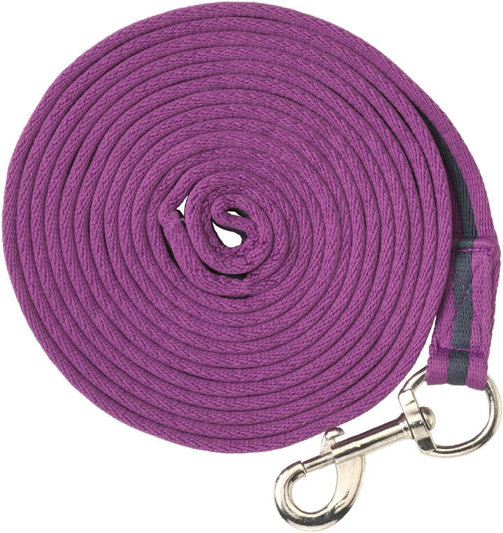 Kantrie_Classic_Longierleine_Unicorn_5m_9206968_4057962110861 Lila Longierleine, spiralförmig aufgewickelt, mit silberner Karabineröse am Ende.